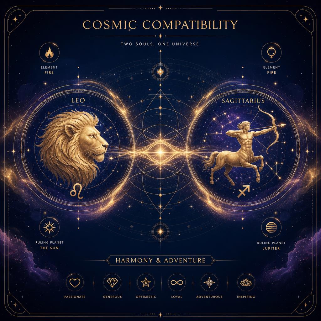 Astrological compatibility matrix with golden energy lines connecting two zodiac signs